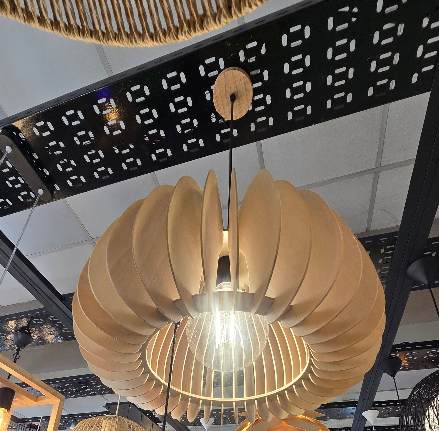 Wooden pumpkin pendant light