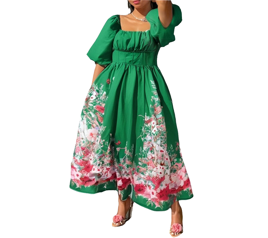Modelyn Plus Size Floral Print Bubble Sleeve Casual A-Line Midi Dress, Spring/ Summer