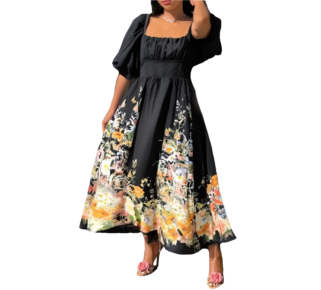 Modelyn Plus Size Floral Print Bubble Sleeve Casual A-Line Midi Dress, Spring/ Summer