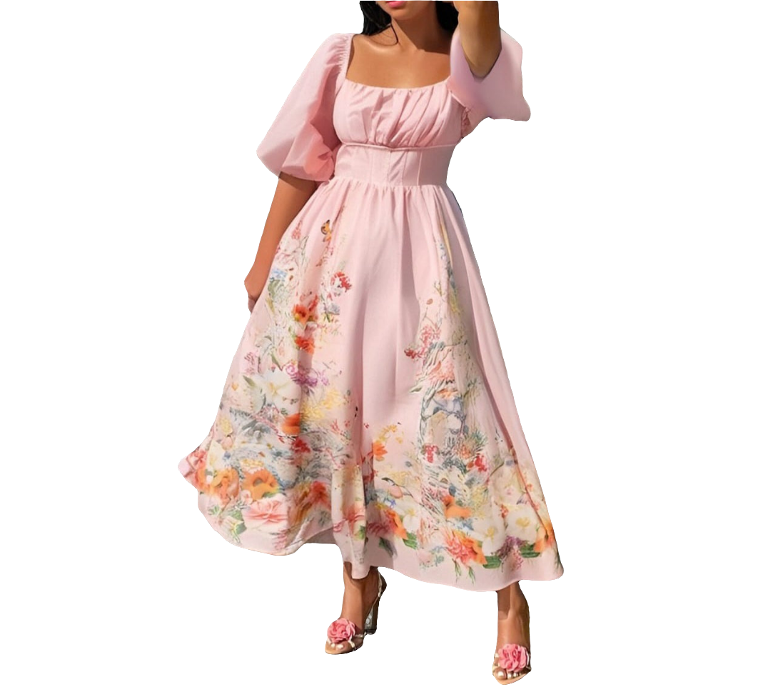 Modelyn Plus Size Floral Print Bubble Sleeve Casual A-Line Midi Dress, Spring/ Summer