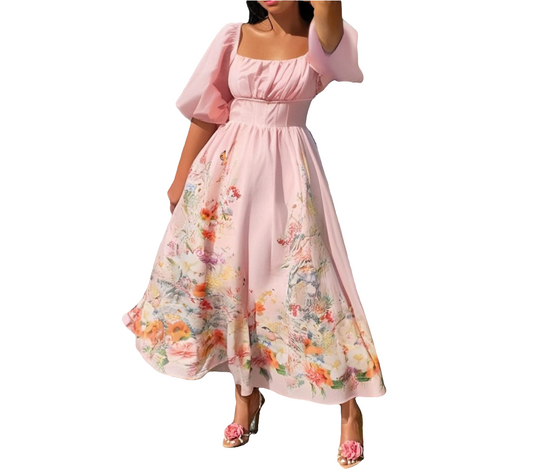 Modelyn Plus Size Floral Print Bubble Sleeve Casual A-Line Midi Dress, Spring/ Summer