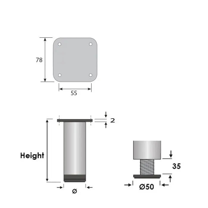 Round Leg, Adjustable, H100mm x 50mm, Stainless Steel