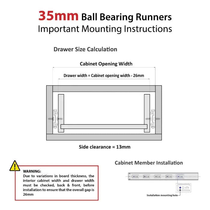 Runner, 35mm Full Extension Ball Bearing, 300mm, H35, 20kg Capacity, 2 Pieces